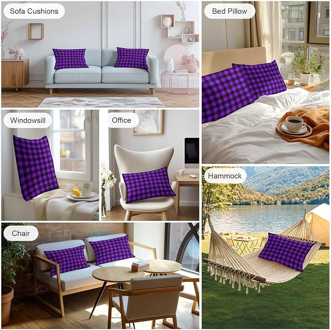 Outdoor Waterproof Throw Pillow Covers Set of 2 Purple Buffalo Plaid Lumbar Pillowcases 20x12 Inches Pastoral Black Checked Decorative Pillows Cushion Case Patio Pillows for Couch Bed Chair Garden