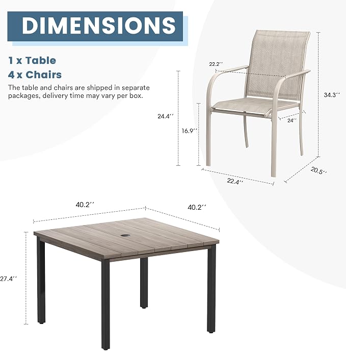 DIFY 5 Pieces Outdoor Patio Dining Set for 4, 40.2" Grey Wood-Like Square Metal Dining Table and 4 Sandshell Stackable Textilene Patio Chairs, Outdoor Table and Chairs for Backyard Garden Poolside