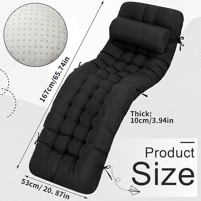 Tudomro Outdoor Chaise Lounge Cushion 66x21x4'' Waterproof & Fade-Resistant Patio Pool Chaise Lounge Cushion Headrest Pillow Tie Replacement Rocking High Back Chair(Black,1 Pcs)