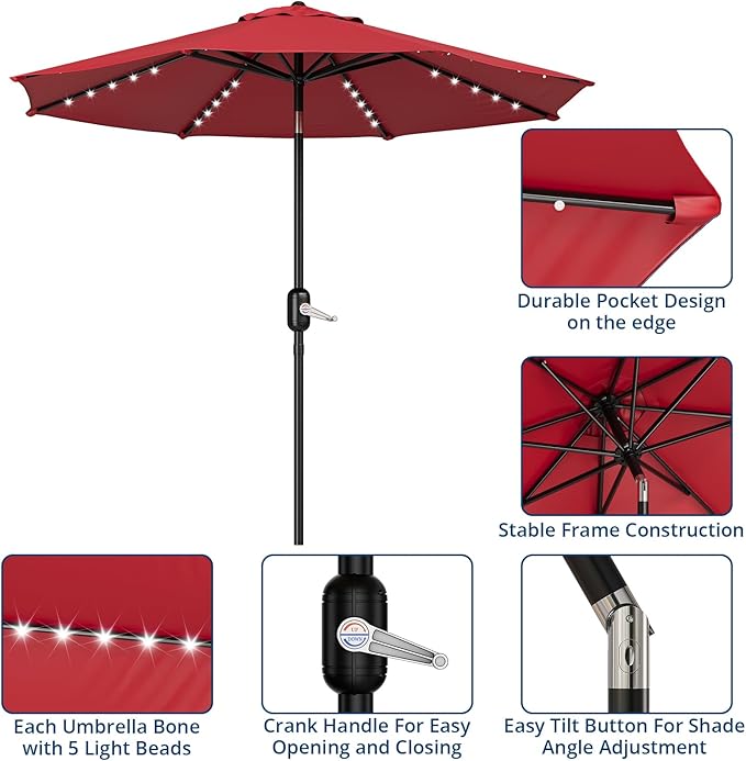 10 Ft Patio Umbrella With Solar Lights - Outdoor Table Umbrella With 40 LED Lights, Tilt Crank, 8 Ribs Market Umbrella for Pool, Deck, Backyard, Tan
