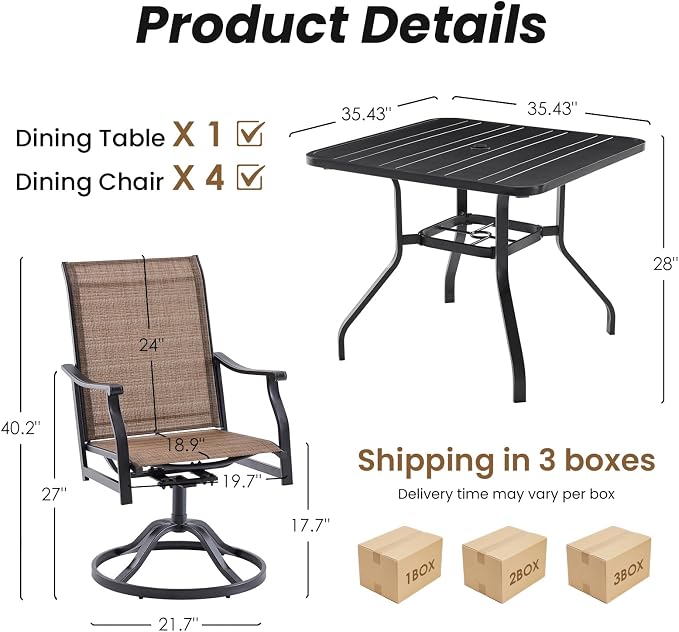 Soohow Patio Dining Set for 4, 5 Piece Outdoor Table and Chairs Set, 4 x Swivel Patio Chairs with Textilene Fabric and 35"x35" Outdoor Dining Table with 1.57" Umbrella Hole for Poolside, Backyard