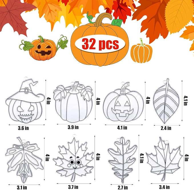 AUEKIV Fall Leaf Pumpkin Suncatcher Kit 32 Sets Pumpkin Suncatchers Window Art Paint DIY Craft Kits Autumn Maple Leaf Sun Catcher Bulk for Classroom Halloween Thanksgiving Party Art Project