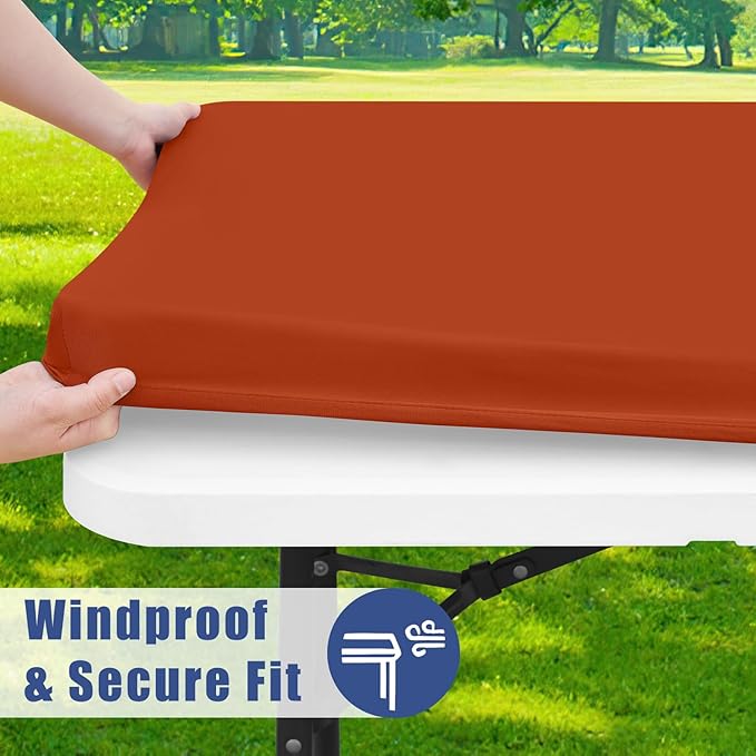 Moosfor Spandex 4 Foot Rectangle Thanksgiving Table Cloth 2 Pack, Elastic Fitted Tablecloths for Picnic, Stretch Washable Patio Table Cover for Outdoor, Camping, Banquet and Parties (Rust, 30"x48")