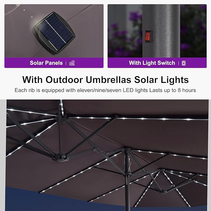 PURPLE LEAF 15ft Double-Sided Patio Umbrella with Base and Solar Lights Outdoor Market Umbrella with Crank Handle Rectangle Umbrella for Backyard Pool Garden Deck, Light Grey