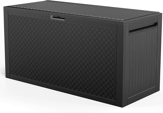 VINGLI 90 Gallon Outdoor Storage Box, Lockable Plastic Storage Containers with Lid, Patio Deck Box Furniture for Garden, Pool, Balcony, Yard (Black)