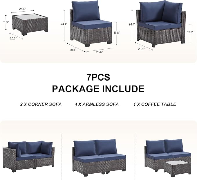 CANMOV 7 Pieces Patio Furniture Sets, All Weather Outdoor Patio Conversation Set, PE Wicker Rattan Sectional Sofa Couch Glass Coffee Table Washable Cushions for Backyard Garden, Porch, Navy Blue
