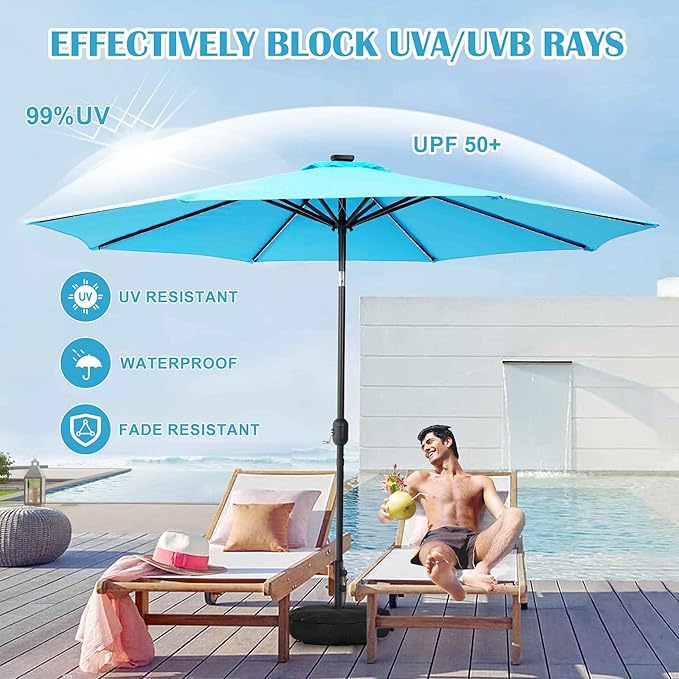 Sundale Outdoor Solar 80 LED 9 ft Patio Umbrella with Sand Bag Umbrella Base, Outdoor Umbrella with Tilt and Crank, Sky Blue