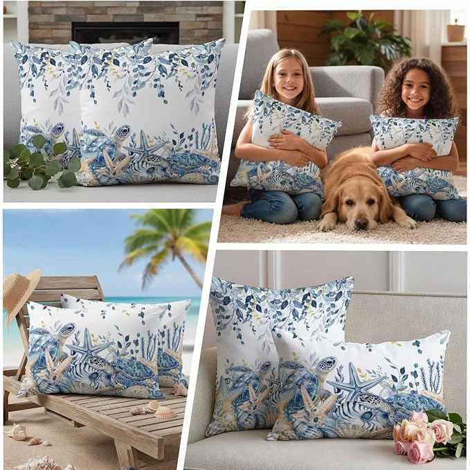 Pack of 2 Blue Turtle Coastal Outdoor Pillow Covers Decorative, Beach Coral Starfish Waterproof Pillow Protector, Nautical Sea Eucalyptus Throw Pillowcases Cushion Cases for Patio Couch Sofa 20"x20"