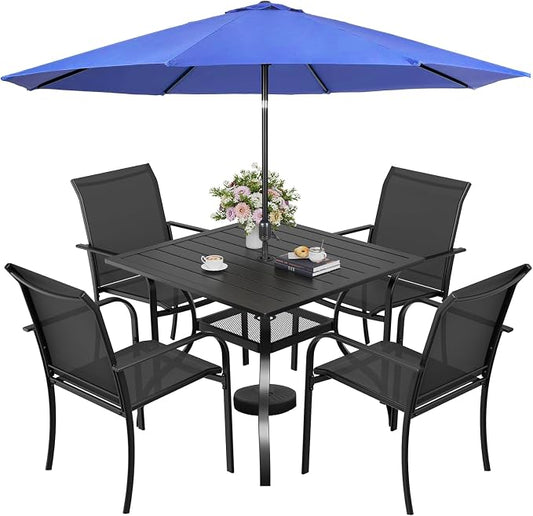 SUNCROWN 6 - Piece Outdoor Dining Set, Patio Furniture Set with 4 Textilene Dinning Chairs, 1 Steel Slat Metal Bistro Table and 1 Dark Blue 9Ft Patio Umbrella for Lawn Garden Backyard Deck, Black