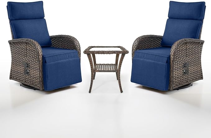 Dual-Adjust Swivel Outdoor Recliner Chair Set of 3 - Reclining Patio Chair with Adjustable Backrest and Footrest, All-Weather Wicker Chaise Lounge Outdoor with Side Table for Pool Deck Brown and Blue