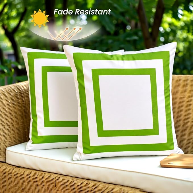JOJOGOGO 18x18 Apple Green Frame Outdoor Throw Pillow Covers Waterproof and Sunproof Set of 2, White and Green Outdoor Decorative Throw Pillows for Patio Furniture and Porch Decor(Without Inserts)