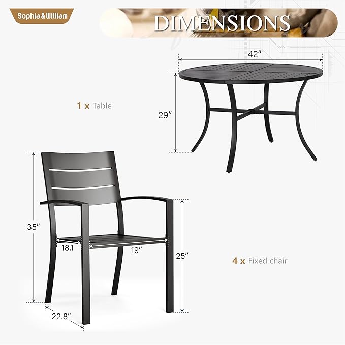 Sophia & William Round Patio Table and Chairs Set, Outdoor Dining Set for 4, 5 Piece Metal Patio Furniture, 42" Black Table