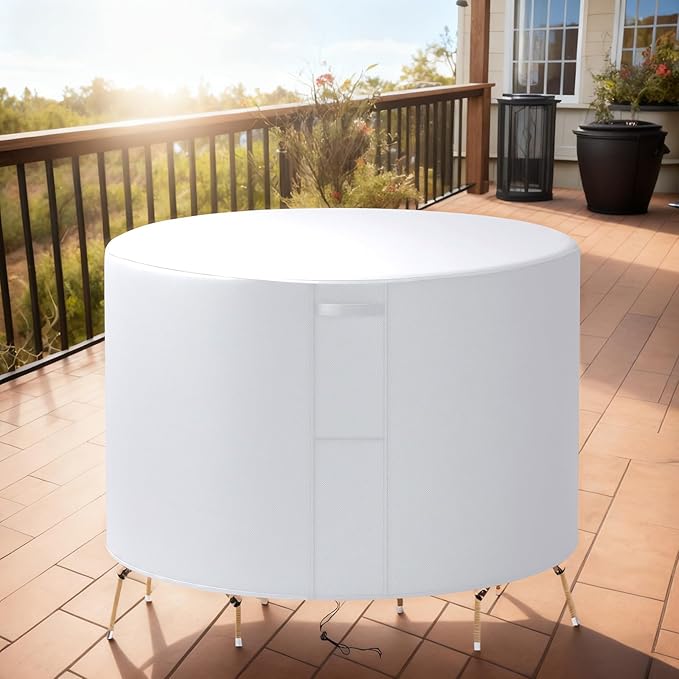 78"(D) x 8"(H) Round Outdoor Furniture Cover, Custom Heavy Duty 420D Waterproof Patio Furniture Cover with Drawstring & Buckles for Table Chair Garden, Silver