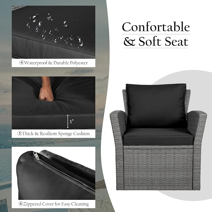 RELAX4LIFE 4 PCS Wicker Patio Furniture Set with Soft Cushions & Tempered Glass Table Outdoor Rattan Sofa Set for Backyard Garden Balcony Poolside Sectional Conversation Couch Set (Black)