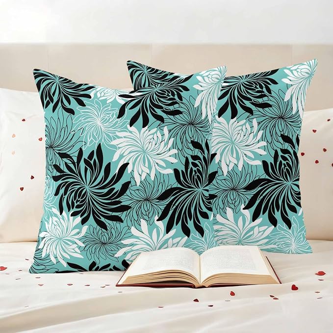 Yukro Teal Black Floral Outdoor Waterproof Pillow Covers Pack of 2, Vintage Teal White Black Flower Decorative Throw Pillowcases Cushion Covers for Garden Patio Tent Sofa Couch, 18x18 inch