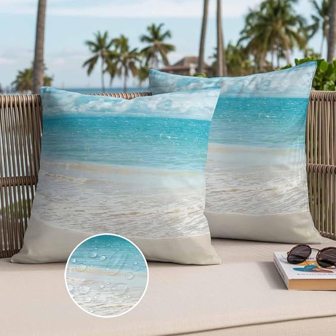 Yukro Coastal Ocean Outdoor Waterproof Pillow Covers Pack of 2, Ocean Waves Beach Sea Shore Throw Pillowcases Decorative Cushion Covers for Garden Patio Tent Sofa Couch, 20x20 inch