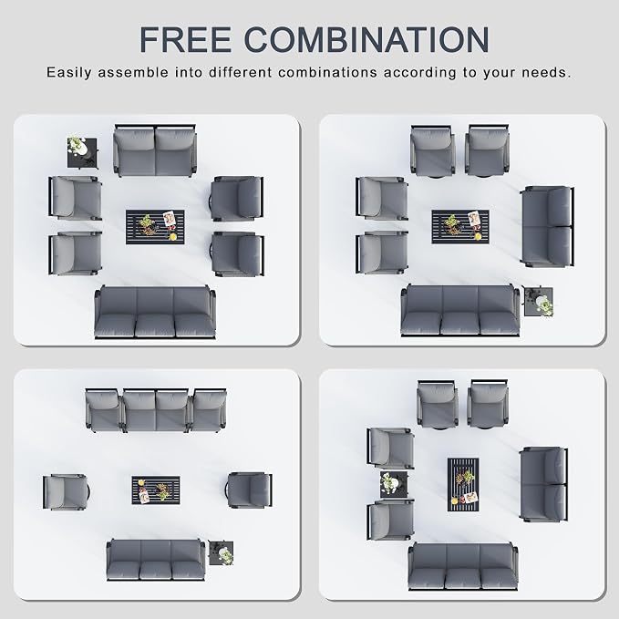 8 Pieces Patio Conversation Sets, All Weather Metal Outdoor Furniture Set Includes 3-Seater 2 Swivel Rockers with Side Table and Loveseat with Coffee Table 2 Single Chairs for Backyard Poolside, Gray