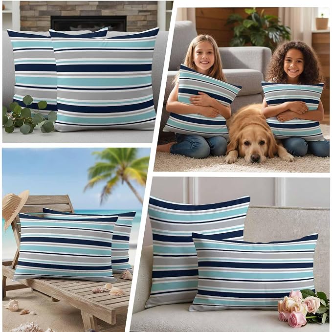 Grey Blue Striped Outdoor Pillow Cover 20x20 Inch Cushion Sham Case, Farmhouse Stripes Abstract Art Navy Blue Waterproof Decorative Square Throw Pillowcase for Outside Garden Patio Porch Couch Chair