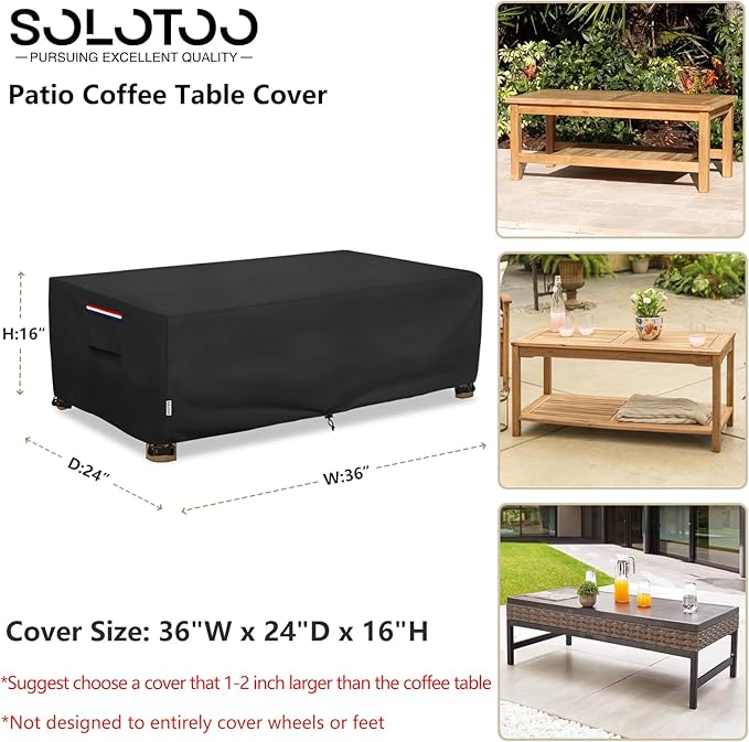Outdoor Coffee Table Cover Waterproof, Heavy Duty Patio Rectangular Side Table Covers, 36W x 24D x 16H Inches Outdoor Tables Cover (Black)