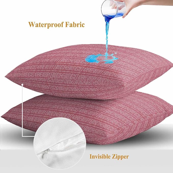 Outdoor Waterproof Throw Pillow Covers Set of 2 Pink Stripes Grain Pillowcases 24x24 Inches Solid Color Decorative Pillows Cushion Case Patio Pillows for Couch Bed Chair Garden