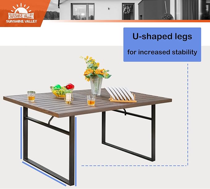SUNSHINE VALLEY Patio Dining Set,Wood-Like Metal Table w/Umbrella Hole | 64x38 Table&6 Pcs Rust-Proof Stackable Chairs, Outdoor Table and Chairs Set for Backyard Garden Deck