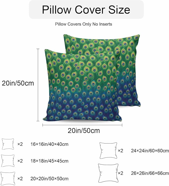 Peacock Feathers Outdoor Waterproof Pillow Covers, Ombre Blue Green Modern Animals Printed Decorative Square Throw Pillowcase Sofa Cushion Sham for Patio/Couch/Chair, 26"x26" 2 Pack