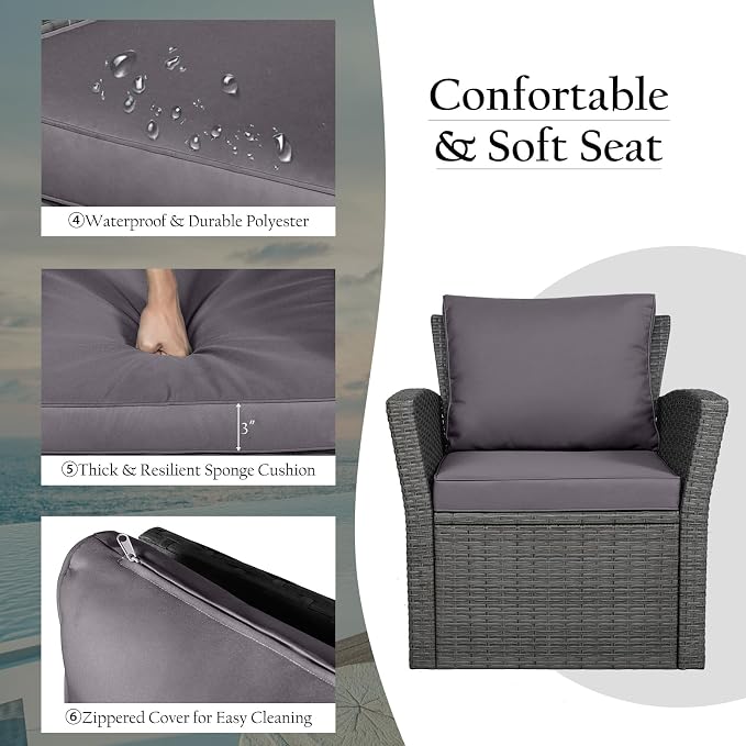 RELAX4LIFE 4 PCS Wicker Patio Furniture Set with Soft Cushions & Tempered Glass Table Outdoor Rattan Sofa Set for Backyard Garden Balcony Poolside Sectional Conversation Couch Set (Gray)