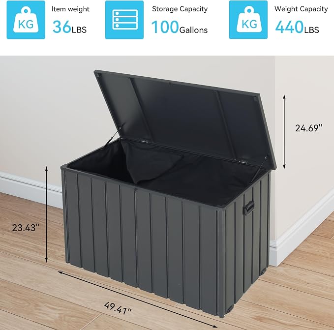 Outdoor Storage Box, 100 Gallon Metal Deck Box Built-in a Oxford Fabric Storage Bag, Lockable & Waterproof Outside Patio Storage Box for Cushions, Tools, Pool Floats- Grey