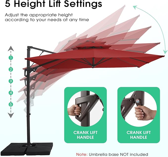 JEAREY 10ft 2-Tier Cantilever Patio Umbrella, Large Square Outdoor Offset Umbrella with Double Top Vent and 360-degree Rotation for Garden, Deck, Pool, Patio, Red