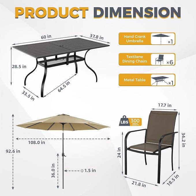 SUNCROWN 8 - Piece Outdoor Dining Set, Patio Furniture Set with 6 Textilene Dinning Chairs, 1 Rectangle Metal Table and 1 Brown 9Ft Patio Umbrella for Lawn Garden Backyard Deck, Brown