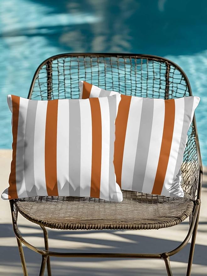 Outdoor Pillows Waterproof, Burnt Orange Gray Striped Bedding Throw Pillows with Insert for Couch Sofa Bed, Farmhouse Stripe Art 16x16 Inch Pillowcases Camping Patio Pillow Set of 2