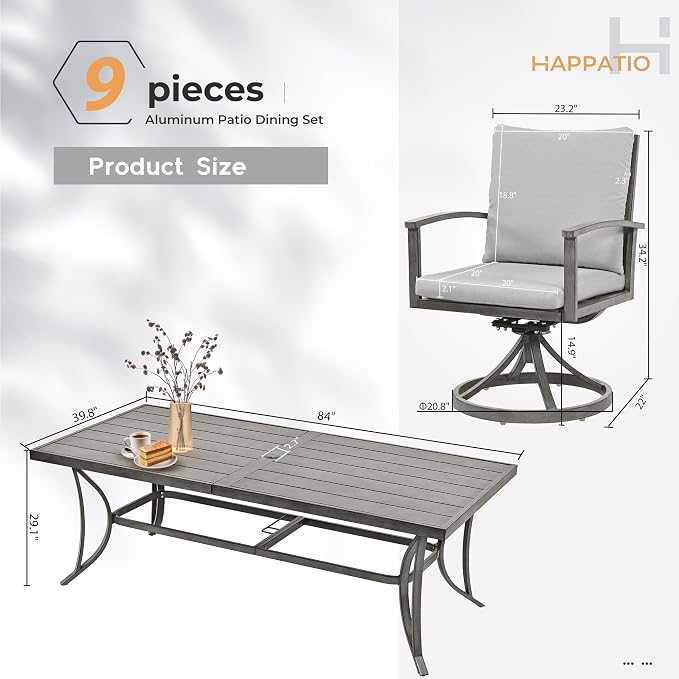 HAPPATIO 9-Piece Patio Outdoor Dining Set - All Aluminum Patio Table and Chairs Set for 8 Includes 1 Rectangular Dining Table and 8 Swivel Dining Chairs with Cushions for Lawn, Garden