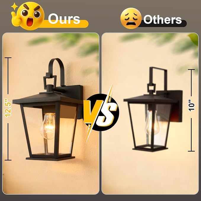 Outdoor Wall Lantern 2 Pack, Waterproof Exterior Wall Mount Light with Clear Glass in Black Finish, Porch Outside Lighting for Entryway, Backyard, Patio, E26 Base, Clear Glass 12.5 in