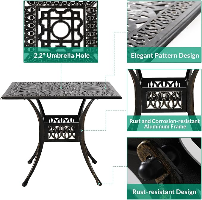 VIVIJASON 5-Piece Outdoor Patio Dining Set, All-Weather Cast Aluminum Conversation Set, Patio Furniture Set Include 4 Swivel Cushioned Chairs, 1 Square Table w/Umbrella Hole, Ocean Blue Cushion