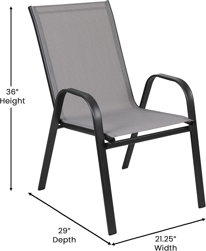 EMMA + OLIVER Bartlett 7-Piece Outdoor Dining Set, Patio Table with Tempered Glass Top and Umbrella Hole, 6 Flex Comfort Textilene Stack Chairs, 60", Gray/Black