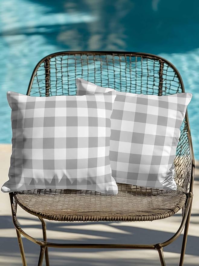 Waterproof Outdoor Pillow Set of 2 Grey Buffalo Plaid Decorative Throw Pillows Cover & Insert 18x18 Inch Pillowcase Check Lines Square Pillows for Couch Sofa Bed Patio Furniture Indoor Outdoor