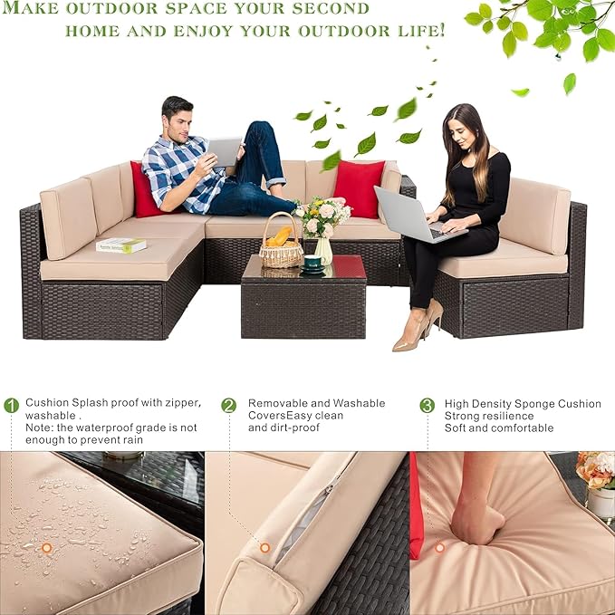 Vongrasig 7 Pieces Patio Furniture Sets, Outdoor Sectional Patio Sofa Set | All-Weather Patio Conversation Set PE Rattan Wicker Modular Couch with Coffee Table for Garden, Poolside, Backyard, Beige