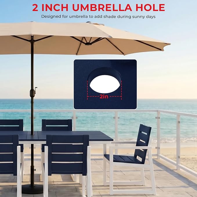 Costaelm Stinson 7-Piece Outdoor HDPE Patio Dining Table Set with Umbrella Hole & Dining Chairs for 6, Navy Blue