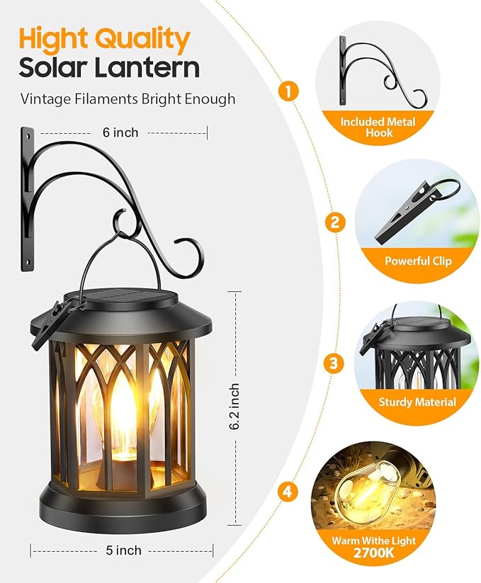 Solar Lantern Outdoor Lights with Metal Hooks, 6 Pack Upgraded Solar Lanterns Outdoor Waterproof, Hanging Solar Lights for Outside Decorative Yard Patio Path Porch Garden Decor