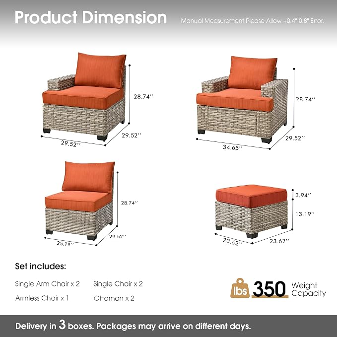 Outdoor Sectional Patio Furniture Set,7 Pieces All Weather Rattan Wicker Conversation Sets,Out Door Furniture with Ottoman Single Chair,Orange Red