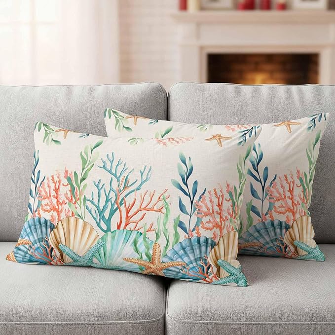 Lumbar Pillow Covers 20x12 Inch Set of 2, Summer Ocean Waterproof Outdoor Pillow Covers, Watercolor Coastal Coral Shell Seaweed Beige Decorative Cushion Pillowcases for Couch, Sofa, Bed, Garden, Patio
