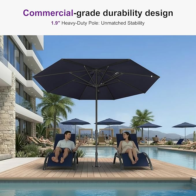 PURPLE LEAF 9Ft Round Semi-Auto Outdoor Patio Umbrella Aluminium Market Umbrella Table Sun Umbrella with 1.89" Rod and 8 Sturdy Ribs for Deck Lawn Pool Garden, Navy Blue