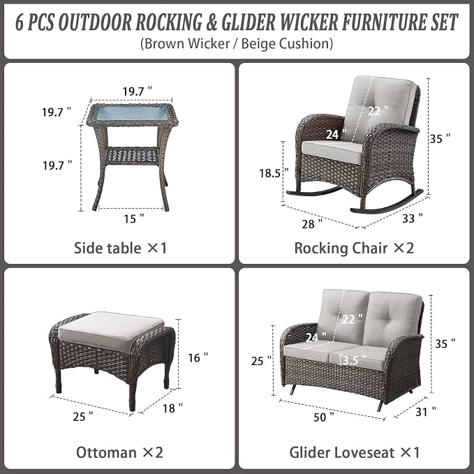 Belord 6 Pieces Outdoor Patio Furniture Set with Wicker Rocking Chairs, Rattan Patio Conversation Set with Glider Loveseat Ottomans and Side Table Brown/Beige
