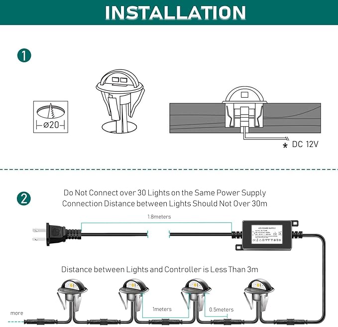 30pcs LED Deck Lights Low Voltage IP65 Waterproof Recessed LED Deck Lighting, Half Moon F1.38 Yard Garden Patio Step Landscape Pathway Decor Lamps, Warm White