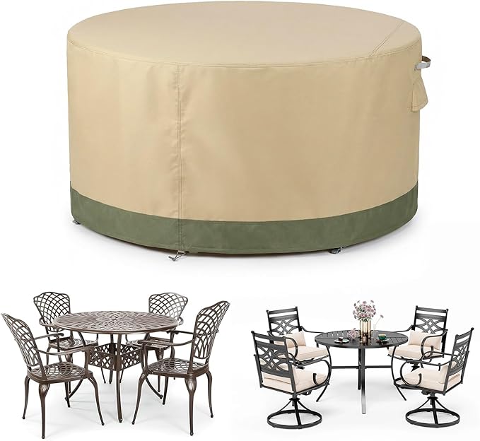 COWVIE Round Patio Dining Set Cover for Outdoor Table and Chairs, 600D Waterproof and UV-Resistant Fabric Patio Furniture Cover with Storage and Air Vent, 120''Dia x 32''H