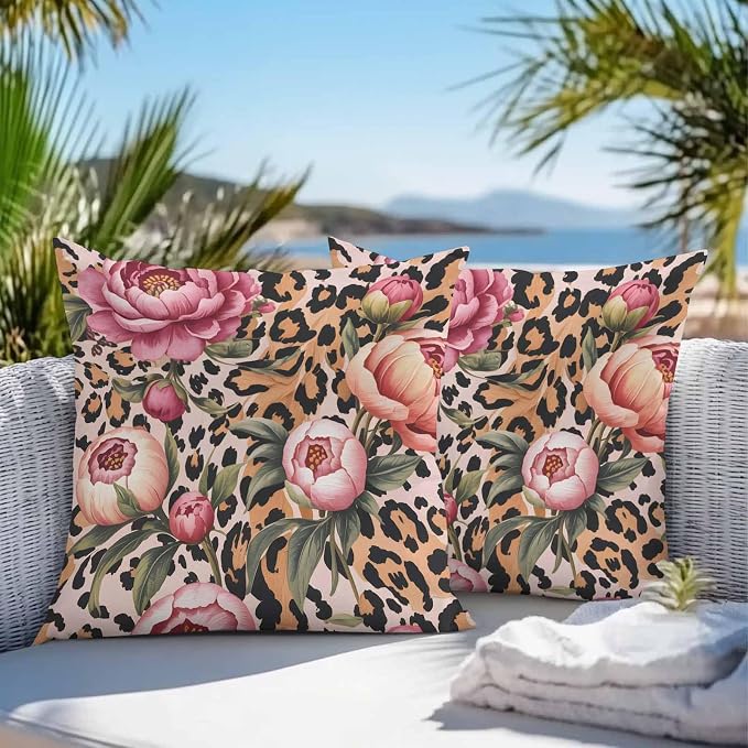 Vandarllin Outdoor Throw Pillows Covers 24x24 inch Set of 2 Waterproof Leopard Print Decorative Zippered Cushion Covers for Patio Furniture, Pink Floral Retro Animal Skin Lumbar Pillowcases