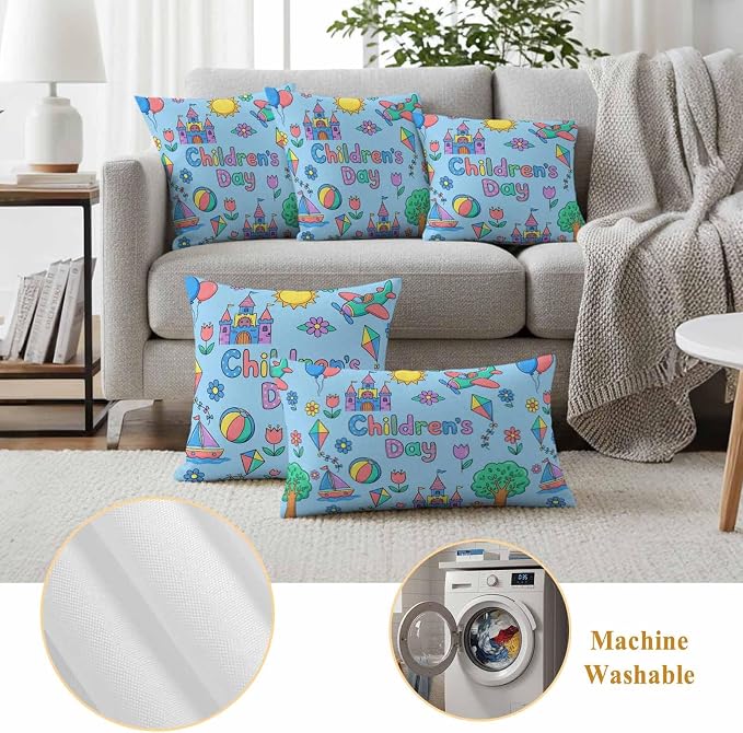 Pack of 2 Children's Day Outdoor Pillow Covers Decorative, Waterproof Pillow Protector, Airplanes Sailing Boats Tree Cartoon Blue Throw Pillowcases Accent Cushion Cases for Patio Couch Sofa 18"x18"