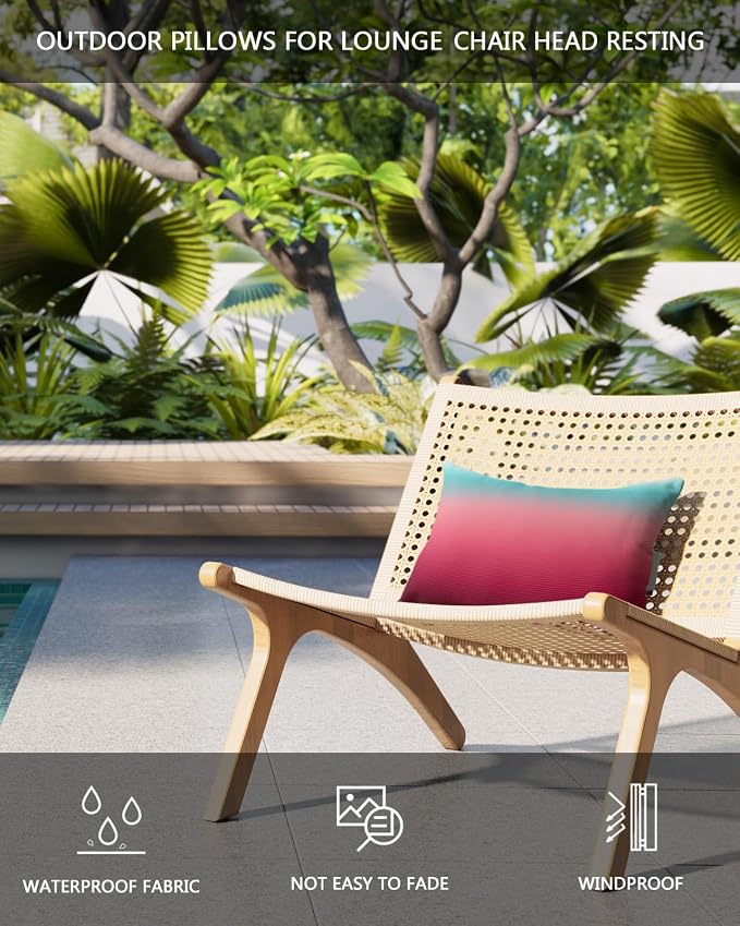 Outdoor Pillows Covers with Inserts Turquoise Rose Red Stripe Gradient Waterproof Recliner Pillow with Adjustable Strap Throw Pillows for Patio Furniture Pool Lounge Chair, 12x20 inch, 2PCS