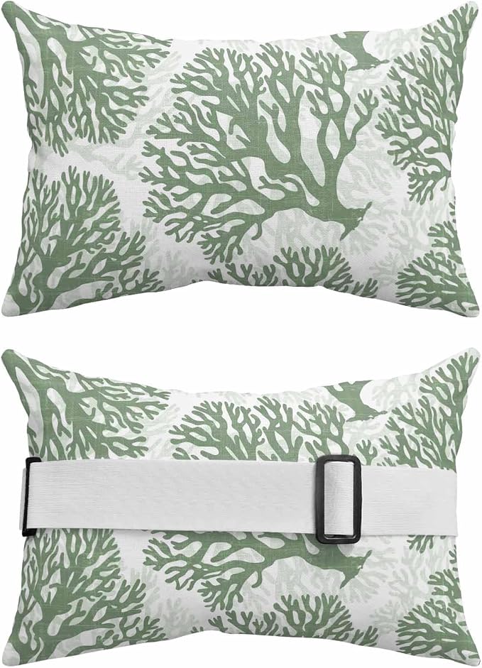 Outdoor Lumbar Pillow Set of 1, Sage Green Coral Waterproof Beach Headrest Pillow with Inserts, Coastal Summer Ocean Nautical Sea Recliner Throw Pillows for Patio Furniture, 11 x 16