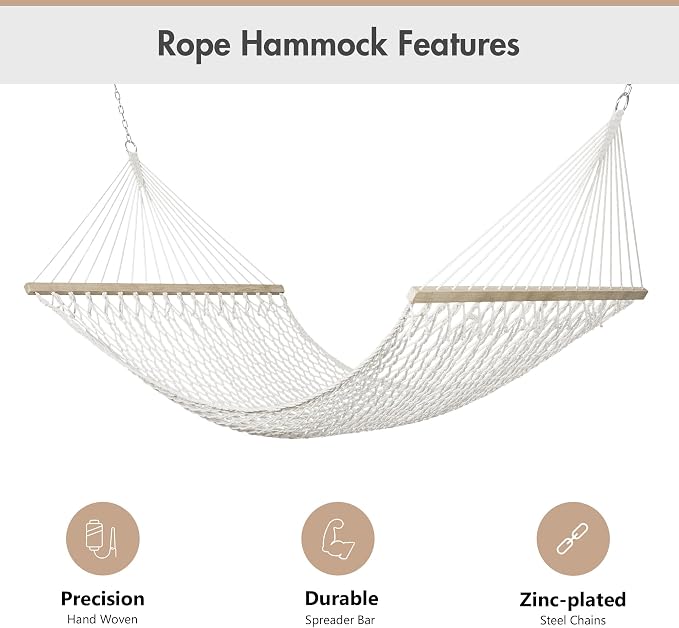 ANOW 13.5FT Curved Wood Stand with Double Hammock, Heavy Duty Larch Wood Arc Stand with 2 Chains, 4 Balance Ropes and 4 Carabiners, Includes Blue Seaside Rope Hammock with Spreader Bars